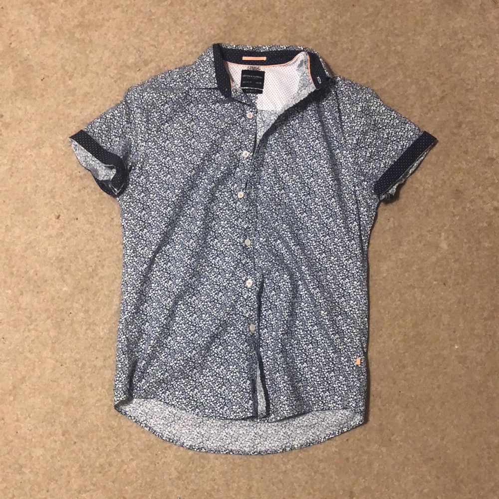 denim & flower half button up shirt